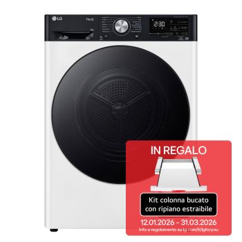 Foto frontale dell'asciugatrice LG RH90V9LVEN con kit colonna bucato in regalo
